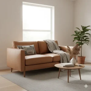 Minimalist tan leather sofa with tapered oak legs and clean lines in a bright, Scandi-style living space.