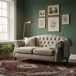 Traditional buttoned-back fabric sofa in a neutral stone colour, offering classic British style for under £1000.