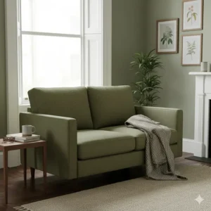 Modern navy blue corner sofa styled with a knitted throw in a small living room with natural light.