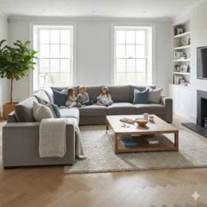 Large L-shaped velvet corner sofa in pigeon grey, providing comfortable family seating in a modern home.