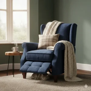 A cosy navy blue velvet recliner chair with a traditional tartan cushion and a chunky knit woollen throw.