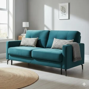 Functional teal velvet sofa bed with a clic-clac mechanism in a guest room setting.