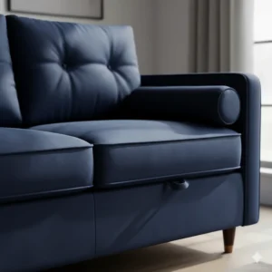 Close-up detail of a navy blue velvet sofa bed with integrated storage and piped edges.
