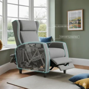 An illustration of a wall-hugger recliner chair showing the forward-sliding base mechanism that saves space against a wall.