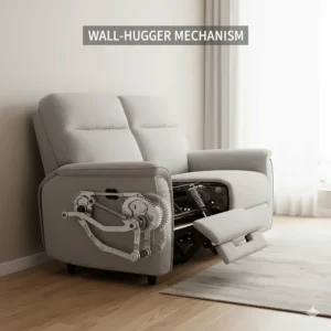 Illustration of a wall-hugger recliner sofa mechanism that saves space by sliding forward when reclining.