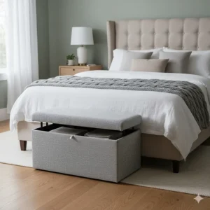 A grey upholstered storage footstool at the end of a bed with a knitted throw, providing practical bedroom storage for linens.
