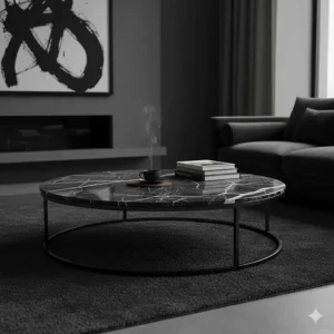 Sophisticated black Nero Marquina marble coffee table with white veins in a moody, contemporary setting.