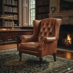 A vintage-inspired brown leather wingback chair with button tufting in a home office or study setting.
