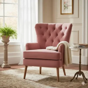 A plush pink button-back occasional accent chair with tapered wooden legs in a classic interior.