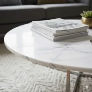 Close-up detail of a honed Carrara marble coffee table top showing natural grey veining.
