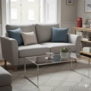 Minimalist clear glass coffee table that creates a sense of space in a narrow living room.