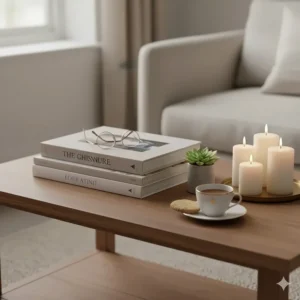 Close-up of coffee table styling featuring coffee table books, scented candles, and a small plant.