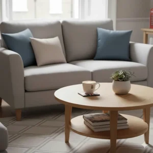 Simple styling idea for a small coffee table featuring a scented candle, a coaster, and a single houseplant.