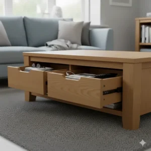 Close-up of deep drawers in a coffee table, perfect for hiding lounge clutter.