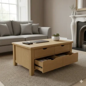 Functional wooden coffee table featuring built-in storage drawers for keeping living room clutter tidy.