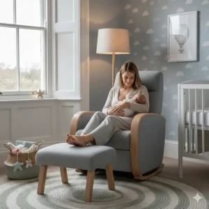 A mother comfortable breastfeeding her infant while seated in a supportive nursing chair with padded armrests.