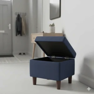 A compact navy blue square footstool with an open storage lid, ideal for a hallway or small flat to keep clutter out of sight.