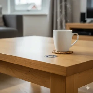 A cup of tea on a coaster resting on a heat-resistant, lacquered solid oak coffee table surface.