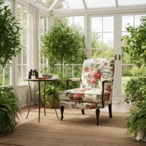 A classic floral print accent chair designed for a bright British conservatory or garden room.