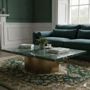 Statement forest green marble coffee table styled with British interior design magazines.