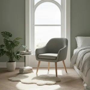 A contemporary grey fabric accent chair positioned next to a window in a bright bedroom.