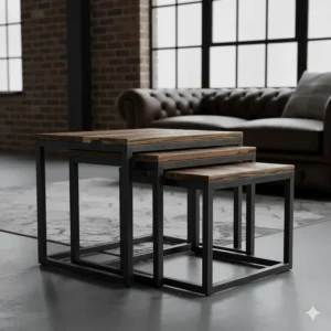 Industrial style nest of tables with grey metal frames and reclaimed wood tops.