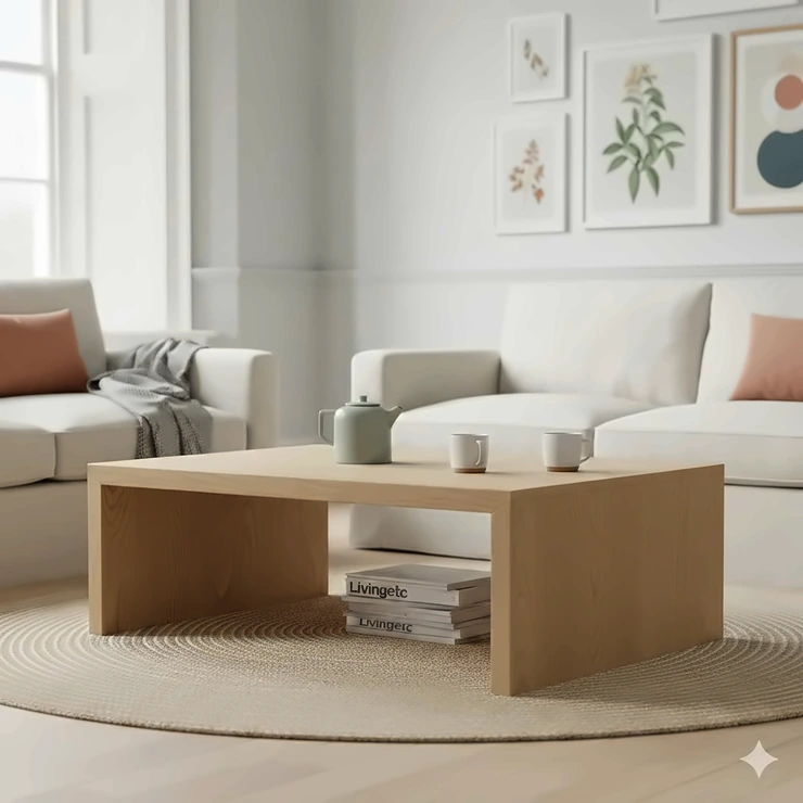 A rectangular solid oak coffee table styled with magazines and a ceramic teapot in a bright British living room. solid wood coffee table