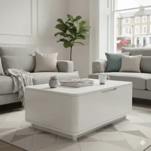 A sleek high gloss white lift up coffee table, perfect for modern minimalist living rooms.
