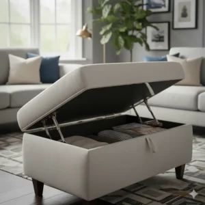 Close-up of a hinged storage footstool lid in light grey fabric, showing the internal space filled with magazines and textiles.