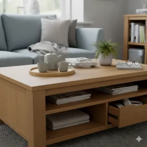 Minimalist coffee table styled with a tray, vase, and books on top.