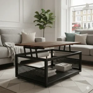 A black metal and rustic wood industrial style lift up coffee table with storage shelf.