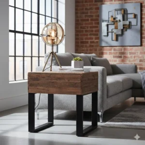 Alt text for image 4: Industrial style side table crafted from black reclaimed metal and dark wood timber.