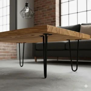 A chunky solid mango wood coffee table featuring black industrial-style metal hairpin legs.