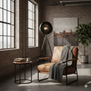 Distressed tan leather accent chair with a black metal frame for an industrial-style lounge.