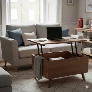 Modern walnut lift-top coffee table raised to desk height for working from home in a small lounge.