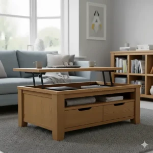 Functional lift-top coffee table providing hidden storage and a laptop workspace.