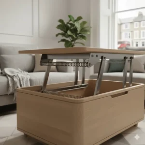 Close-up of the smooth metal lifting mechanism on a functional lift up coffee table.