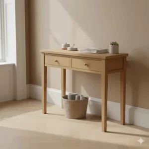 Light oak narrow console table with two drawers and brass handles, featuring a storage basket underneath.