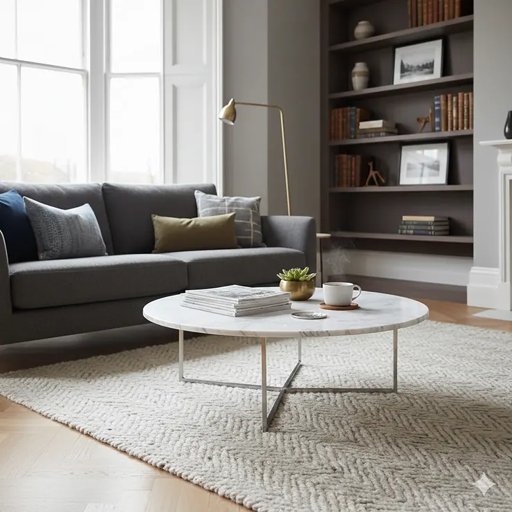 A round white marble coffee table with grey veining styled in a modern British living room with a wool rug. marble coffee table
