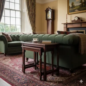 Classic mahogany nest of tables with turned legs in a traditional British lounge setting.