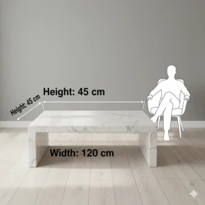 Illustration showing the height and width dimensions of a standard marble coffee table in centimetres.