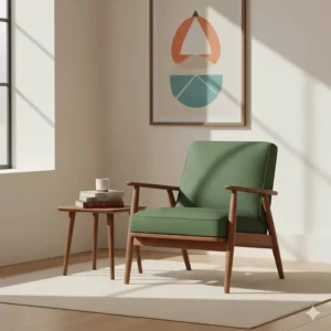 Mid-century modern accent chair featuring an oak frame and forest green upholstery.