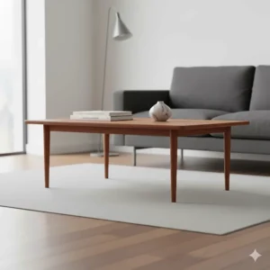 A 1950s-inspired solid teak coffee table with tapered legs in a minimalist interior setting.