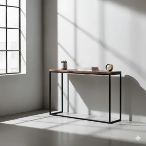 Slim black metal narrow console table in a minimalist industrial style, set against a white wall with natural light shadows.