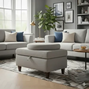 A contemporary light grey fabric footstool with a round storage lid, featuring dark wood legs on a neutral herringbone floor.
