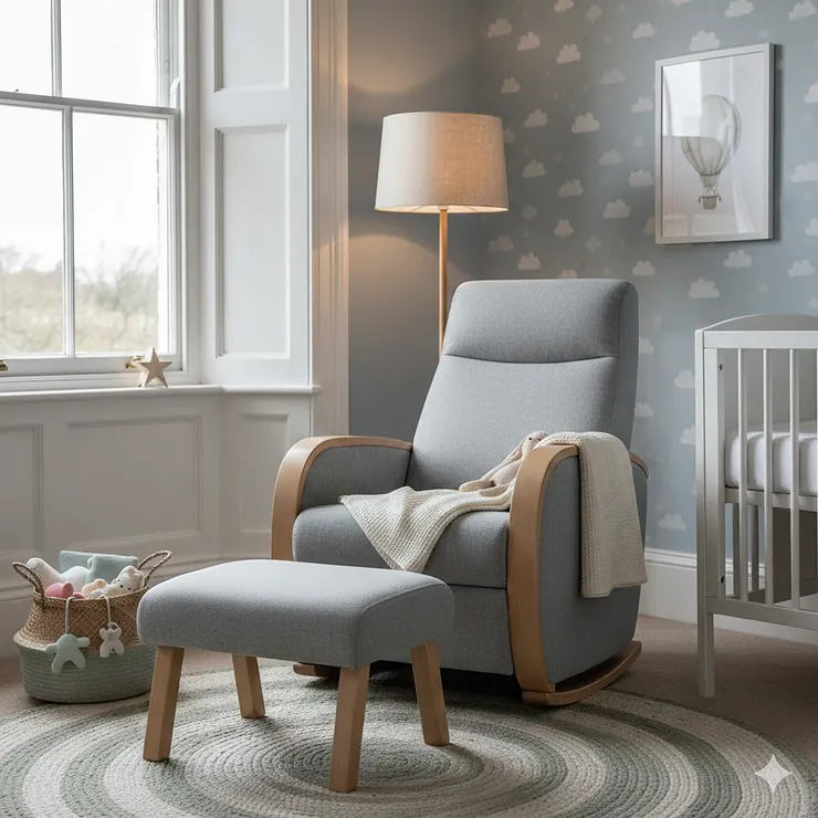 Stylish modern nursing chair with plush cushions situated in a neutrally decorated British nursery. nursing chair