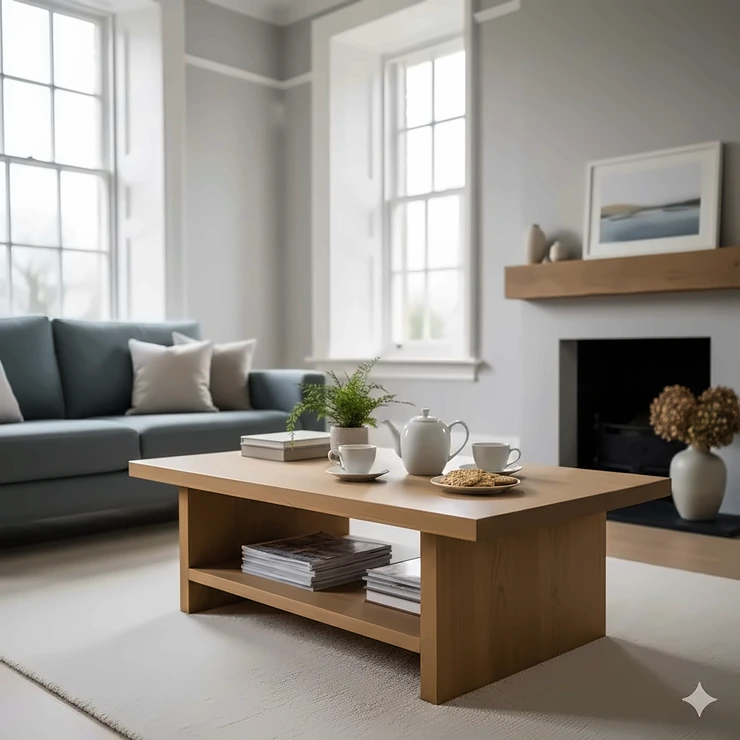 A stylish oak coffee table positioned centrally in a bright British living room, styled with magazines and a tea cup. coffee table