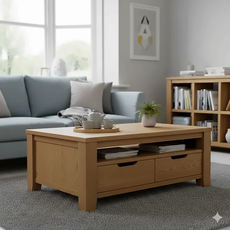 Stylish oak coffee table with storage drawers in a modern British living room. coffee table with storage