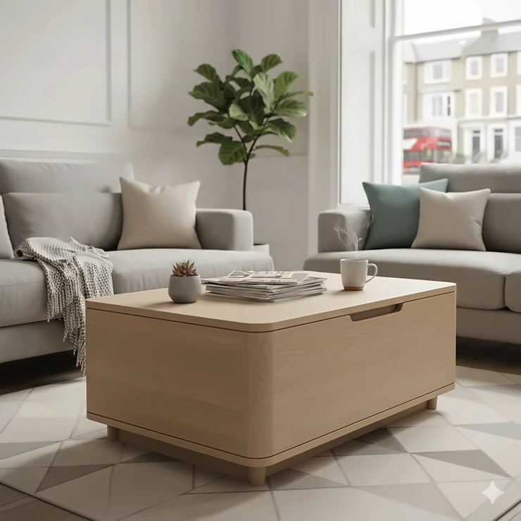 A modern oak lift up coffee table styled in a British living room, featuring hidden storage and raised top for dining. lift up coffee table
