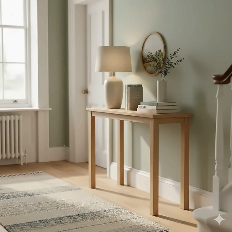 Slim oak narrow console table styled with a table lamp and books in a bright British hallway with a neutral colour scheme. narrow console table